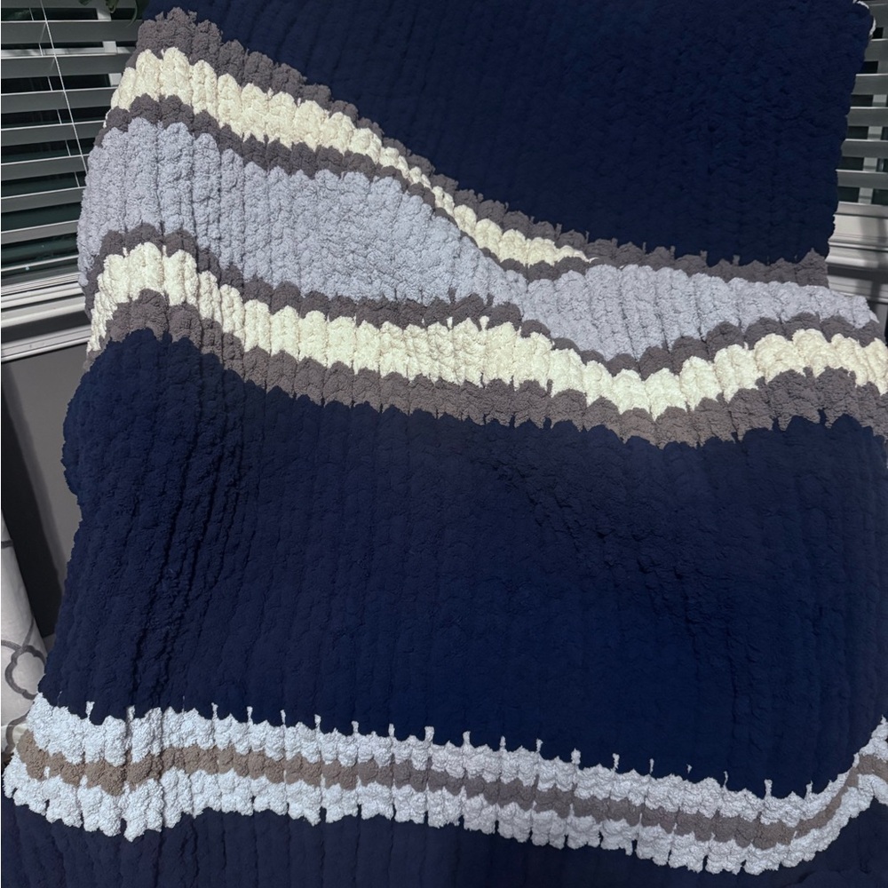 Plush Navy Striped Chenille Throw Blanket